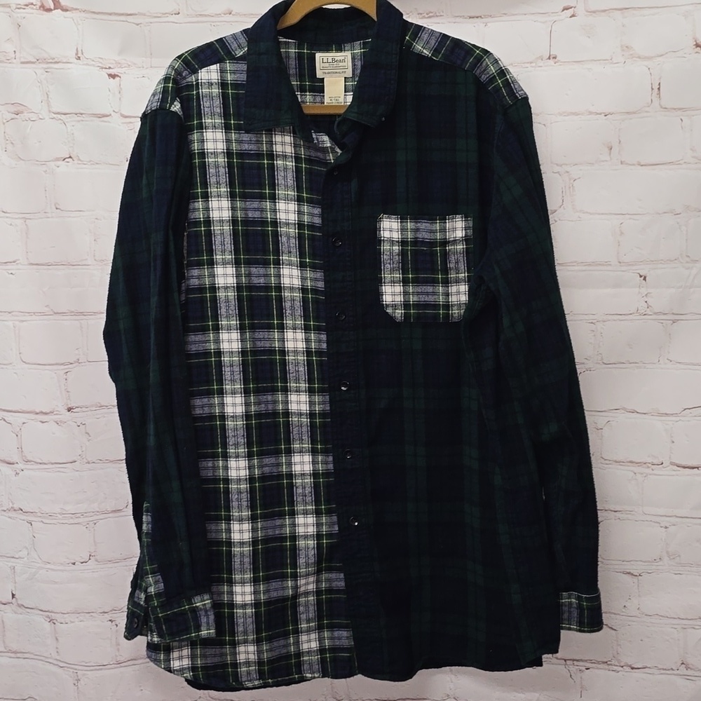 LL Bean Scotch Plaid Flannel Shirt Blackwatch Patchwork Traditional Fit Mens XLT